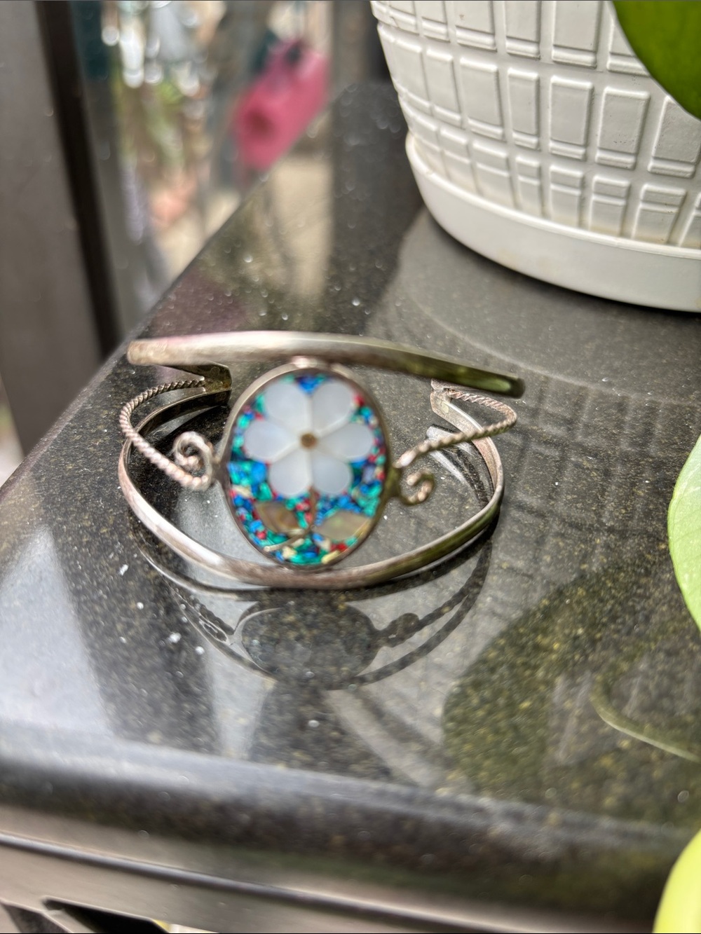 Beautiful Sterling Silver Floral Inlay Cuff Bracelet - White & Blue